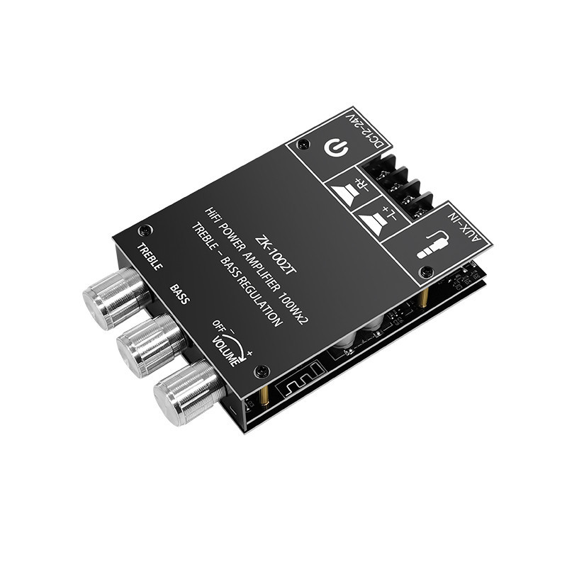Placa Amplificadora ZK‑1002T Bluetooth5.0 100W×2, Entrada AUX, Controle de Agudo‑Grave, 12‑24V para Caixa Acústica DIY
