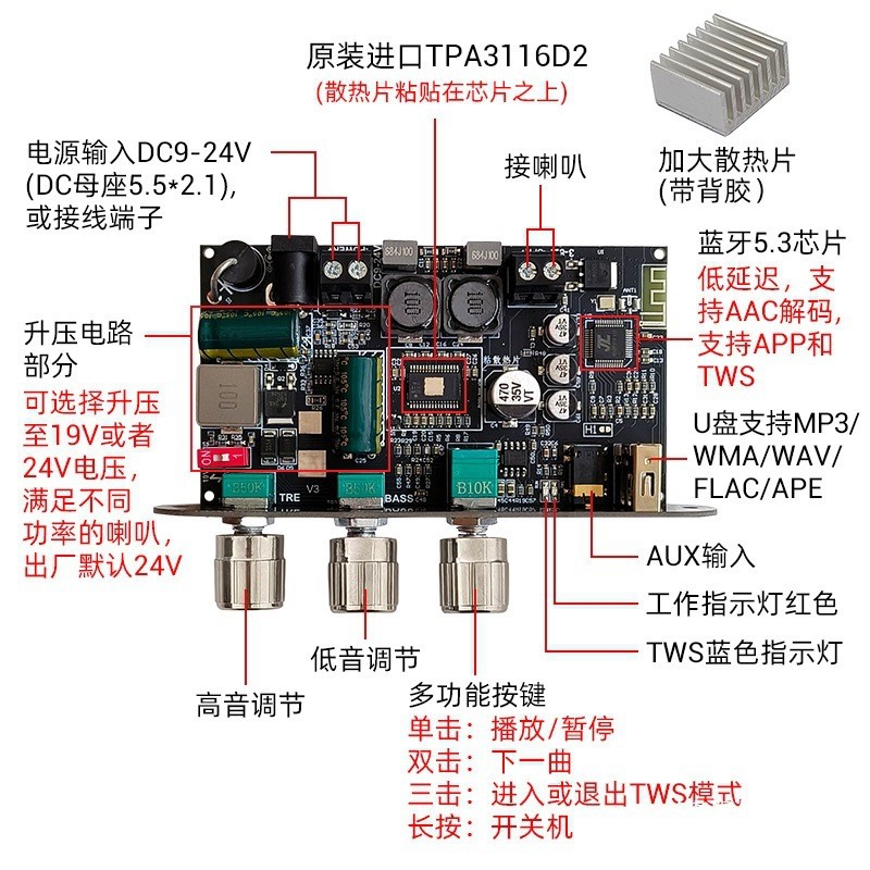 1001U com impulsionador Mono 100W placa amplificadora de potência Bluetooth ajuste de graves altos TWS alto-falante DIY