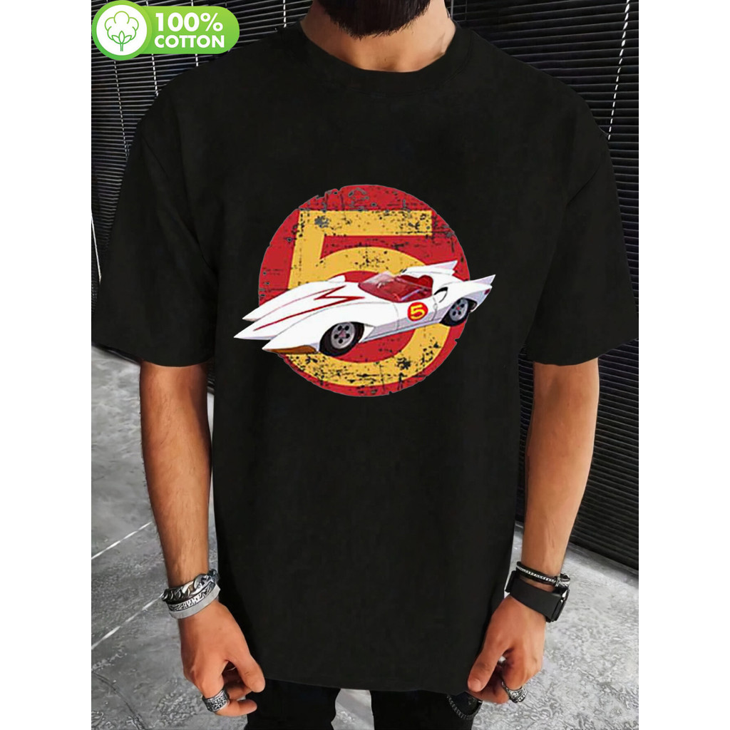 Camiseta Masculina Speed Racer Mach 5 Retro Gráfico Preto Vermelho Amarelo Desgastada Confortável Estilosa Nostálgica