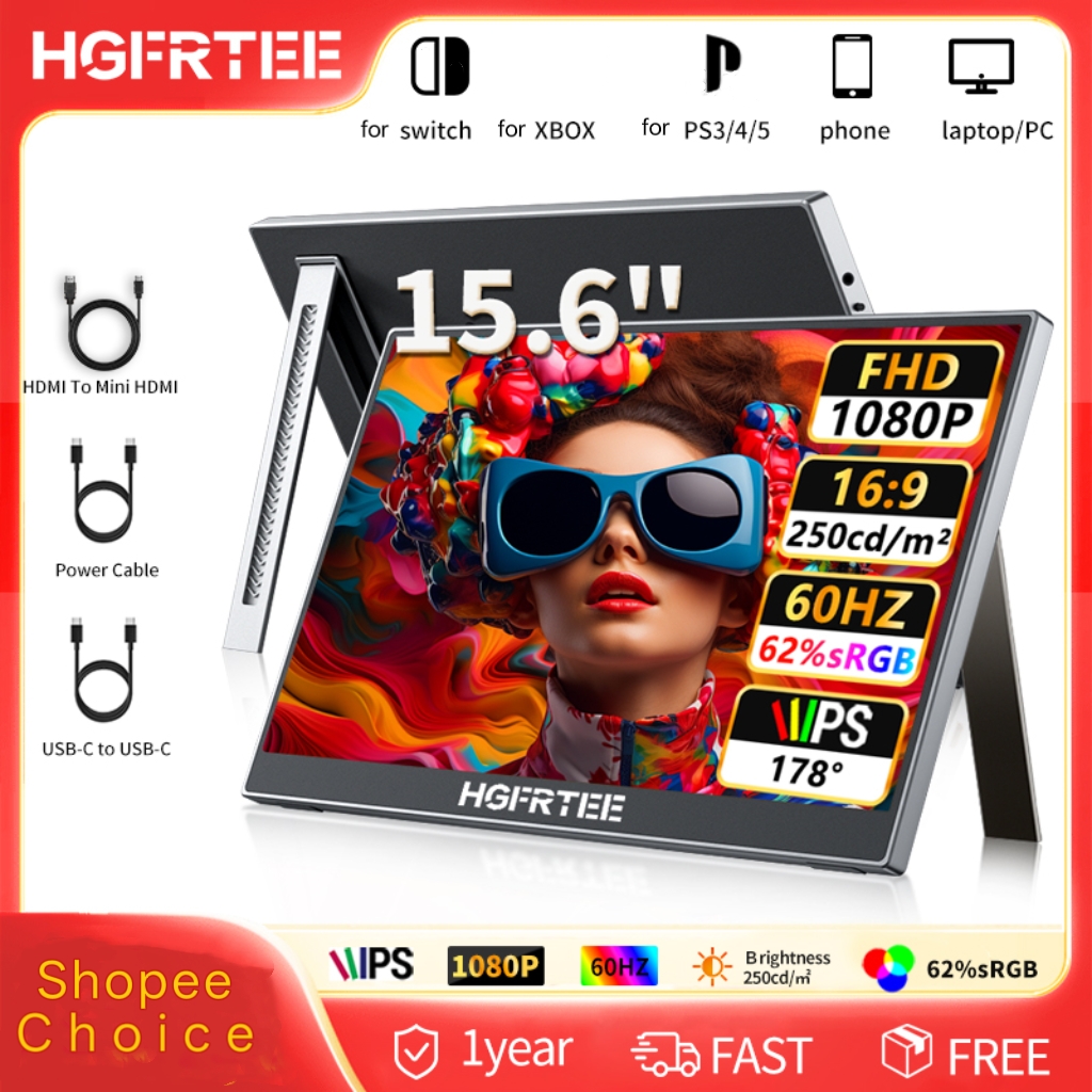 HGFRTEE Monitor portátil de 15,6 polegadas FHD 1080P IPS Display USB-C HDMI Slim Monitor Gamer para notebook PS5