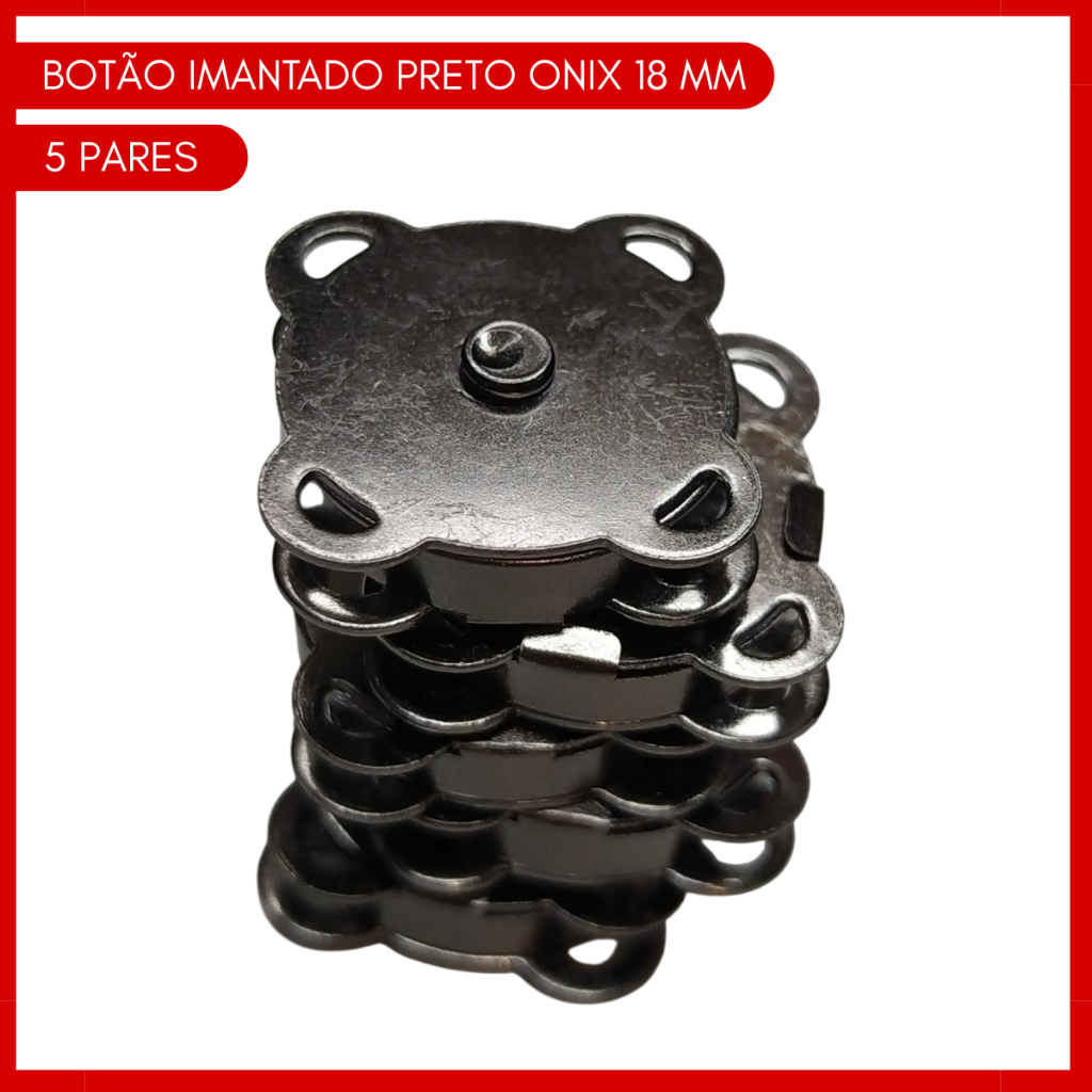 Kit 5 Botões Imantado Magnético Fecho P/ Bolsa Preto/Onix 18mm Imã
