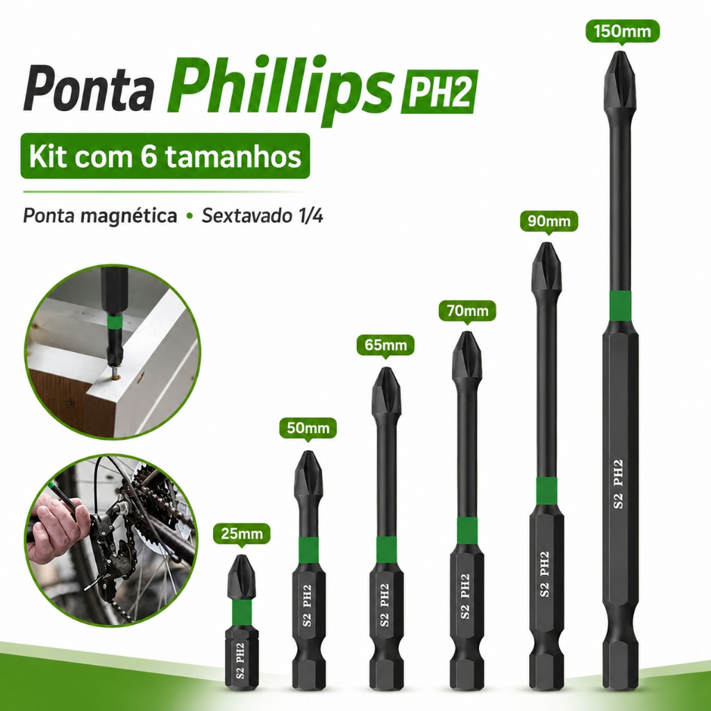 Bits Magnético Ponteira Philips Parafusadeira Ph2 Jogo 6 Pcs Imantado Antiderrapante Com Imã Sextavado（Preto + Verde）