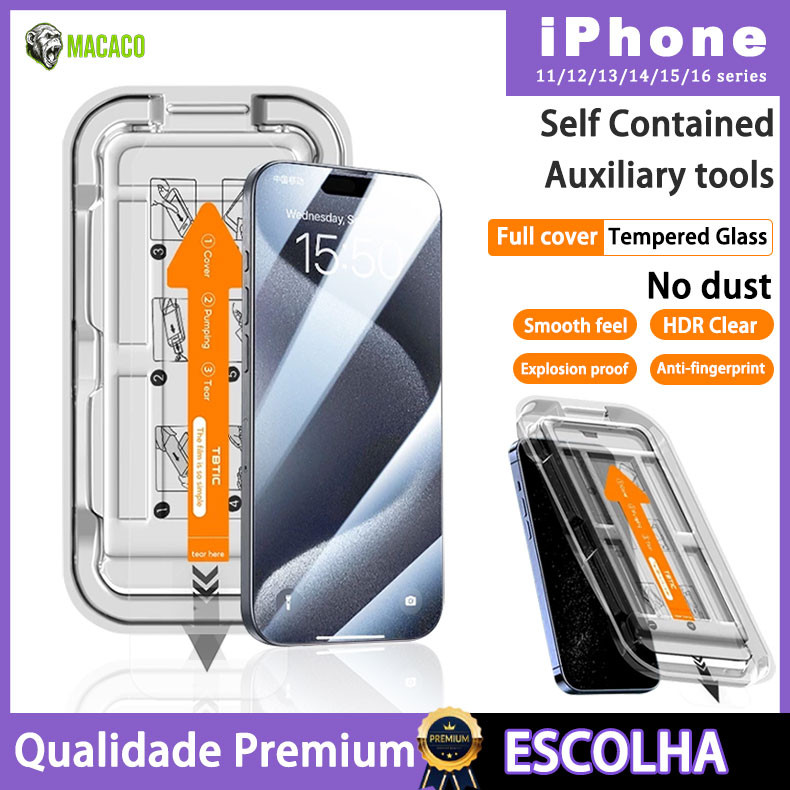 3 Unidades De Vidro Temperado HD iPhone 16 15 14 Plus 13 12 11 Pro XR X XS Max Protetor Flim Sem Poeira Em Tela Cheia