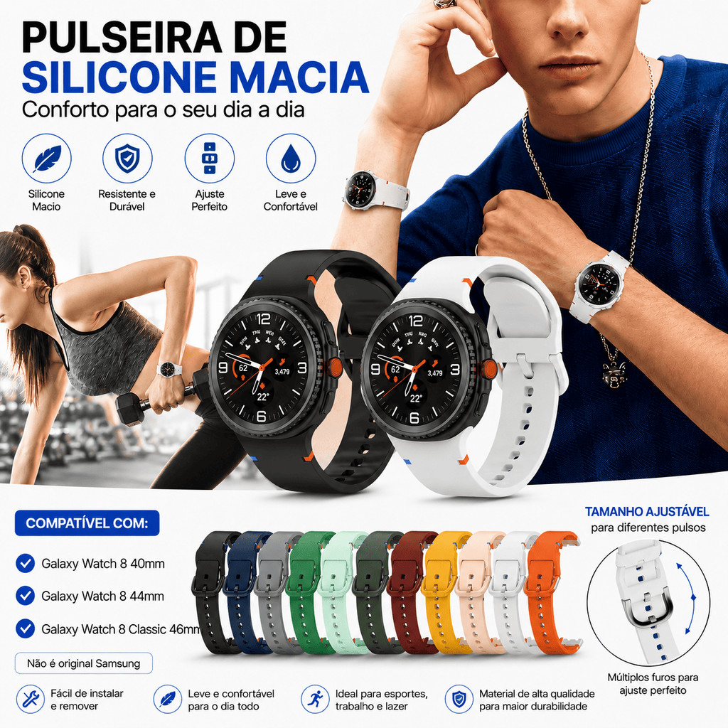 Pulseira Macia de Silicone Para Samsung Galaxy Watch 8 / 8 Classic 40mm 44mm 46mm Sport Band Ajustável Substituição
