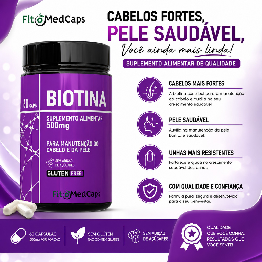 Biotina Fitomedcaps Suplemento para Cabelos Fortes e Unhas Saudáveis 500mg com 60 Cápsulas.