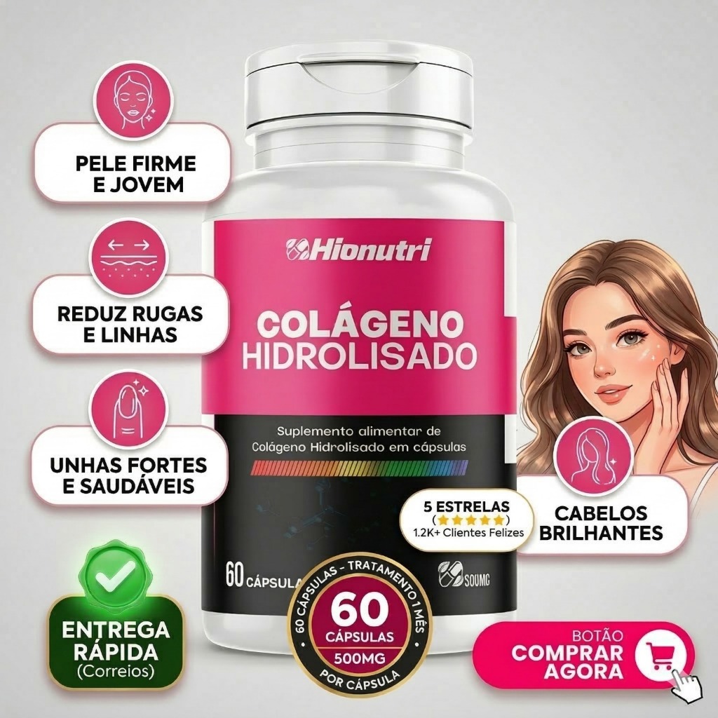 Colágeno Hidrolisado 60 Cáps 500mg – Pele Firme, Cabelos Fortes