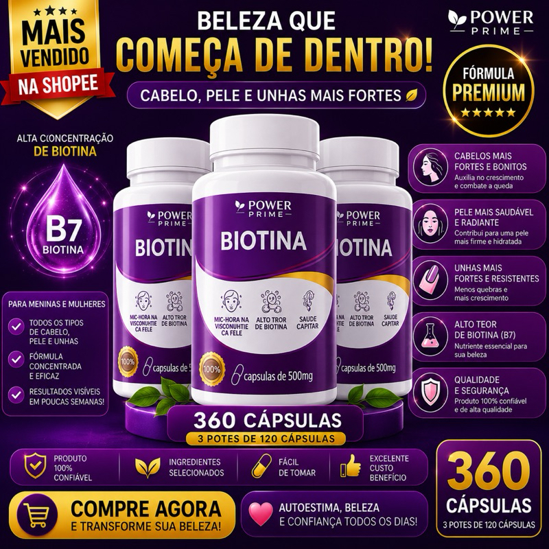 Biotina Natural Power Primer 500mg | Suplemento para Cabelos Fortes e Unhas Saudáveis | 100% Natural