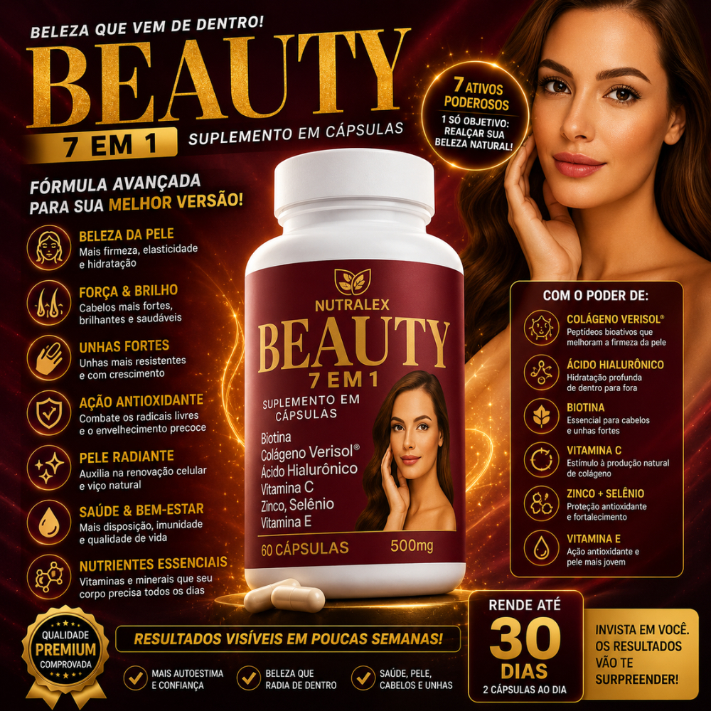 Beauty 7 em 1 Nutralex – Colágeno, Biotina e Ácido Hialurônico | Cabelo, Pele e Unhas Fortes - Arkad Suplementos
