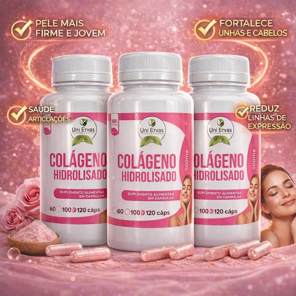 COLÁGENO HIDROLISADO 500mg – PELE, CABELO E UNHAS MAIS FORTES | 120 CÁPSULAS