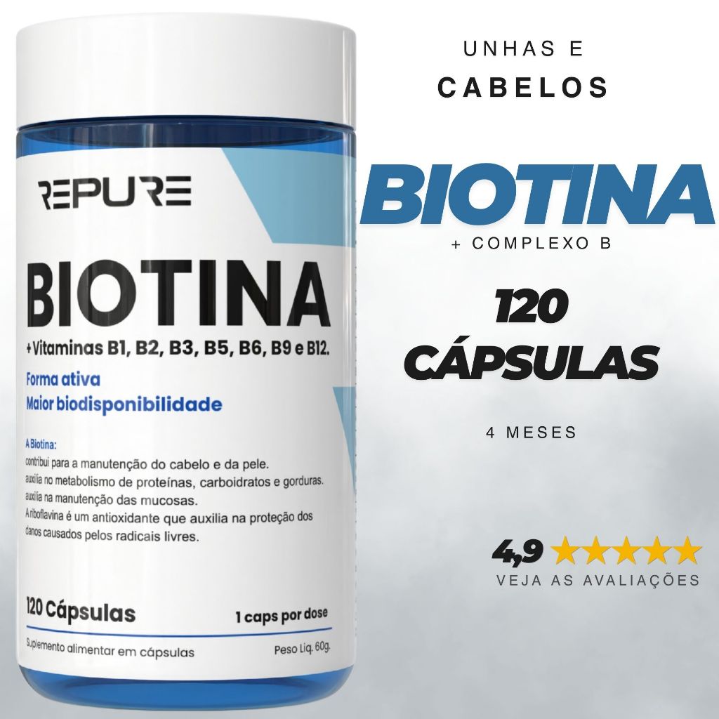 Biotina 45mcg Complexo B 120 Cáps Crescimento Capilar Queda de Cabelo Unhas Fortes Pele Repure