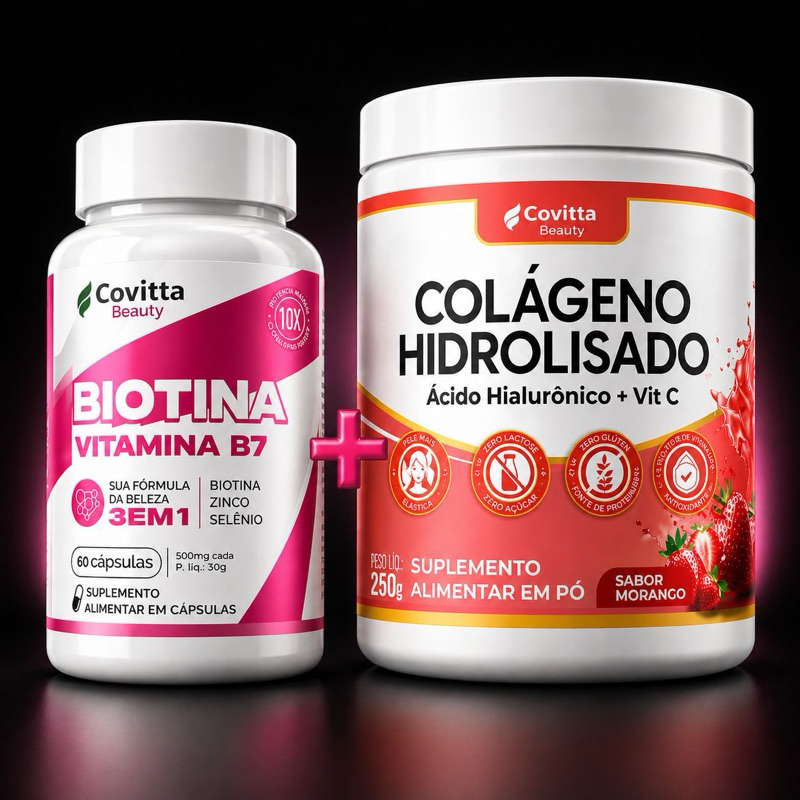 KIT Biotina + Colágeno Hidrolisado Morango | Cabelo Forte • Unhas Resistentes • Pele Firme |Covitta