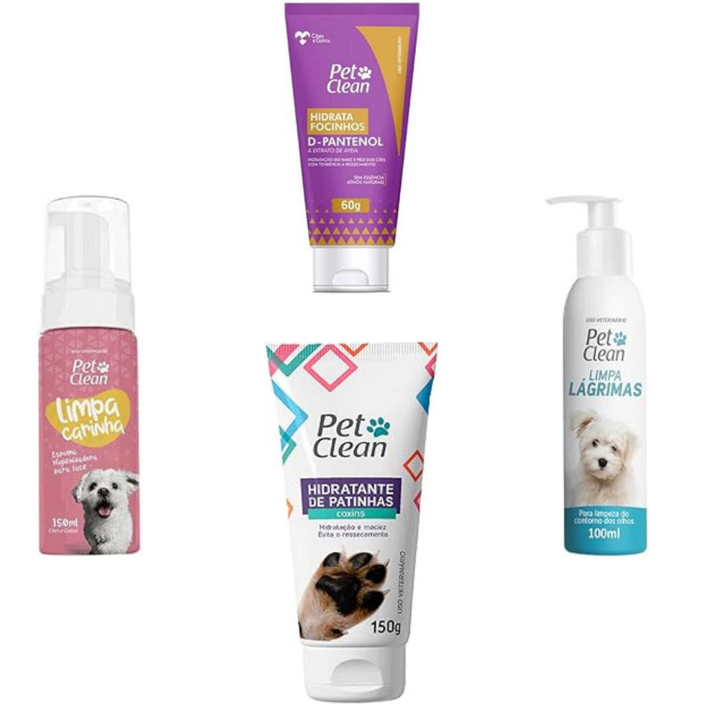 kit hidrata focinhos 60ml + hidratante de patas 125ml + limpa carinha 150ml + limpa lágrimas 100ml