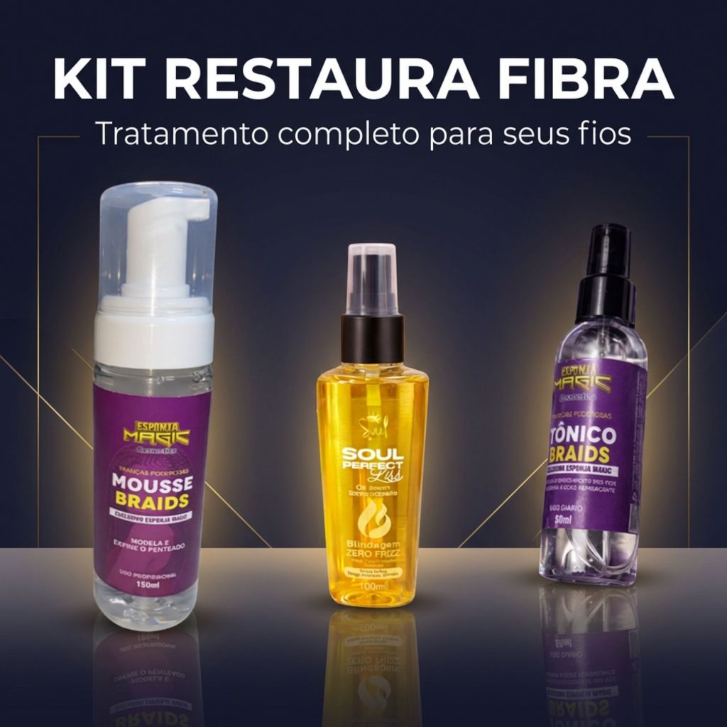 Kit Restaura Fibra – Mousse Braids 150ml + Óleo Reparador 100ml + Tônico Braids 50ml