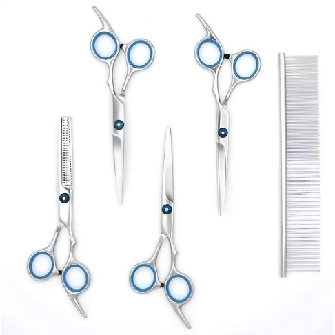 Kit 4 Tesouras E 1 Pente Cabeleireiro Barbeiro Profissional Azul