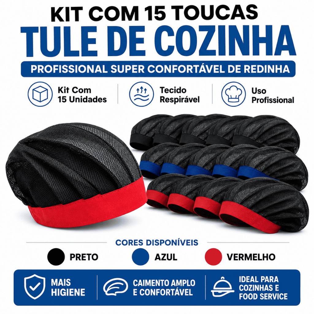 Kit 15 Toucas Tule Cozinha Profissional Preto Azul Vermelho Chef Padaria Confeitaria Restaurante Uso