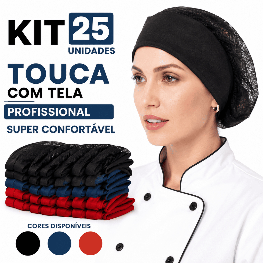 Kit 25 Toucas Tule Profissional Cozinha Confeitaria Padaria Redinha Preta Azul Marinho Vermelha Leve