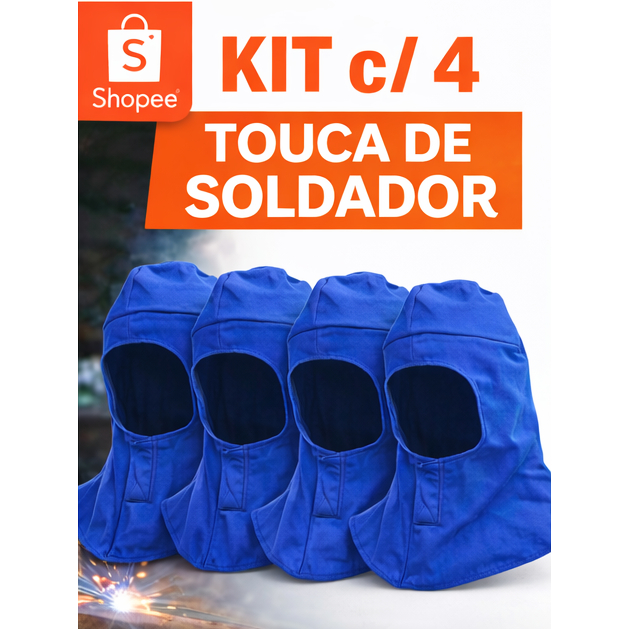 KIT C/ 4 Touca Soldador de Brim 100% Algodão c/ Velcro Azul Royal