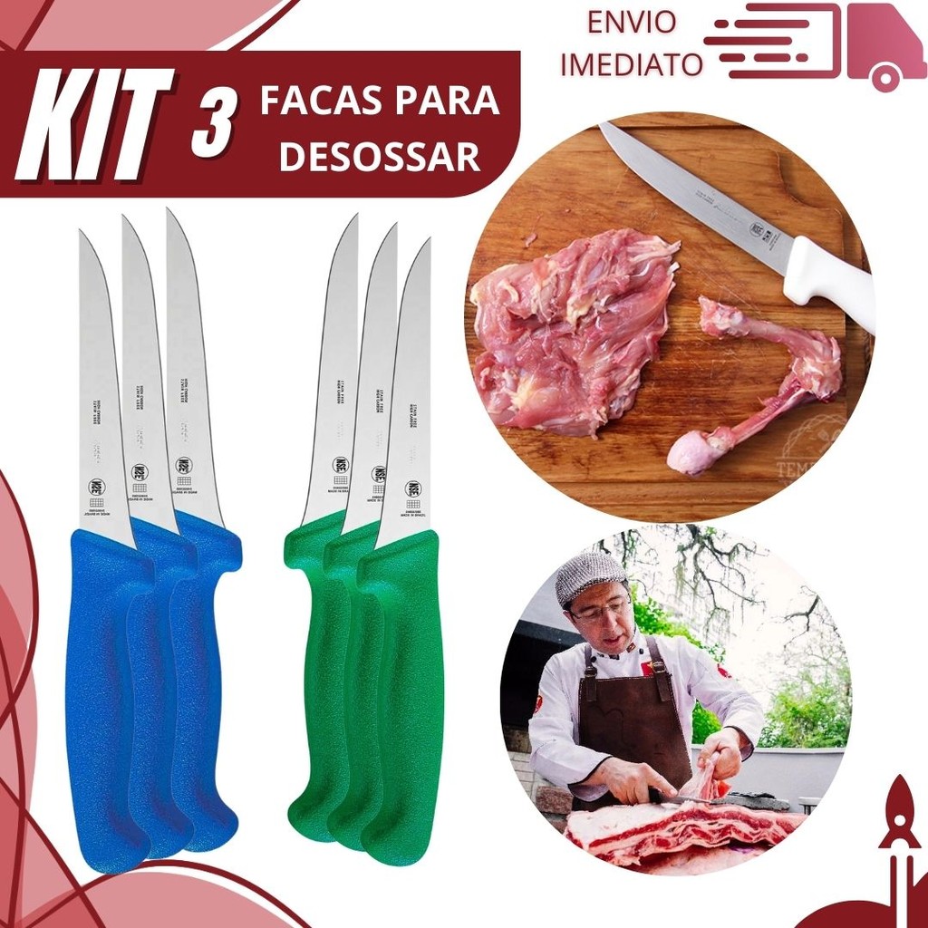 Kit 3, 2 ou 1 Facas Profissionais para Desossa Aço Inox Cabo Ergonômico Alta Precisão
