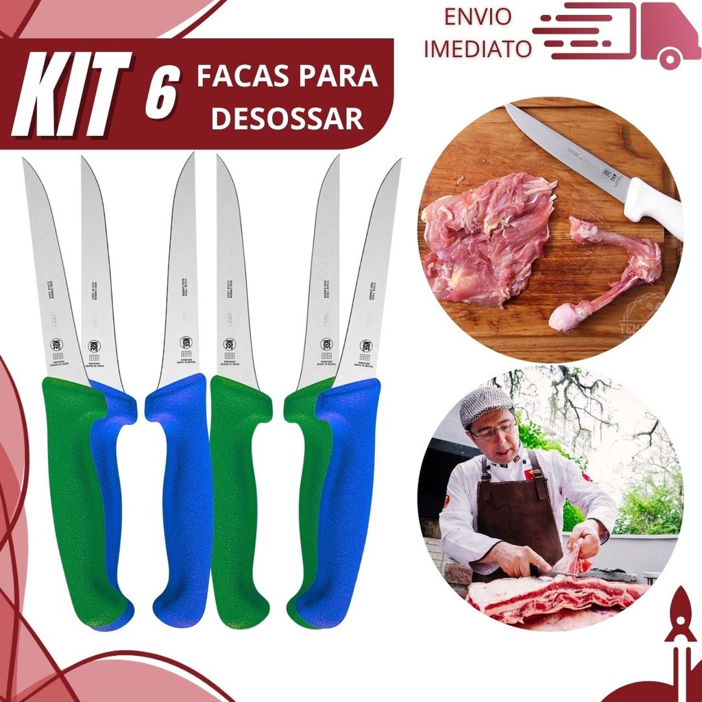 Kit 2,3 ou 6 Facas de Desossa Para Açougue e Churrasco Profissional Inox Cabo Azul e Verde Antiderrapante