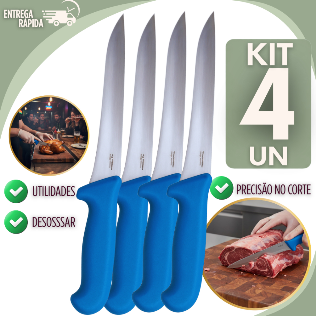 KIT 4 / 3 / 2 Facas 6” Aço Inoxidável Cabo Antiderrapante Profissional Azul, Dia a dia, Peixes, Carne, Legumes, Multiuso