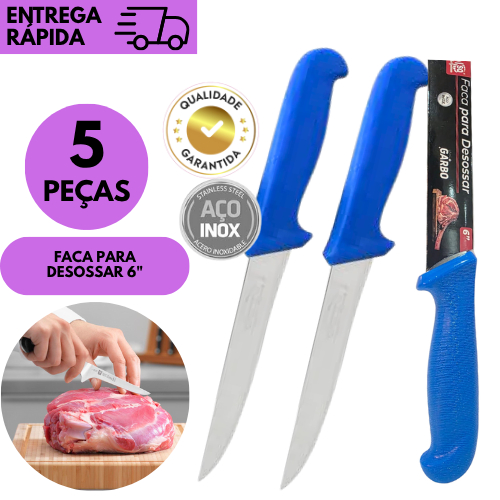 Kits 5/4/3 ou 2 Faca De Desossa 6 Polegadas Inox Cabo Azul Profissional Cozinha Açougue Churrasco