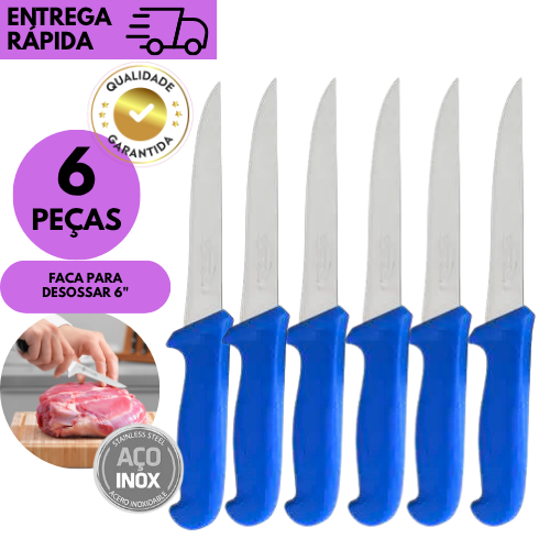 Kits 6/4/3 ou 2 Faca De Desossa 6 Polegadas Inox Cabo Azul Profissional Cozinha Açougue Churrasco