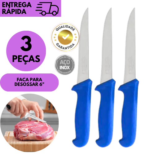 Kits 3/2 ou 1 Faca De Desossa 6 Polegadas Inox Cabo Azul Profissional Cozinha Açougue Churrasco
