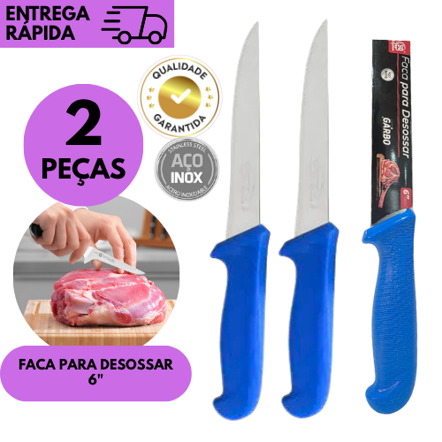 Kits 2 ou 1 Faca De Desossa 6” Inox Profissional Cabo Azul Antiderrapante Corte Preciso