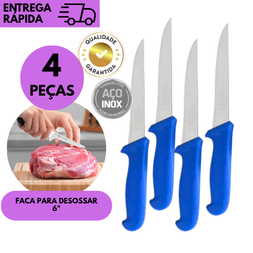 Kits 4/3 ou 2 Facas De Desossa 6 Polegadas Inox Cabo Azul Profissional Cozinha Açougue Churrasco