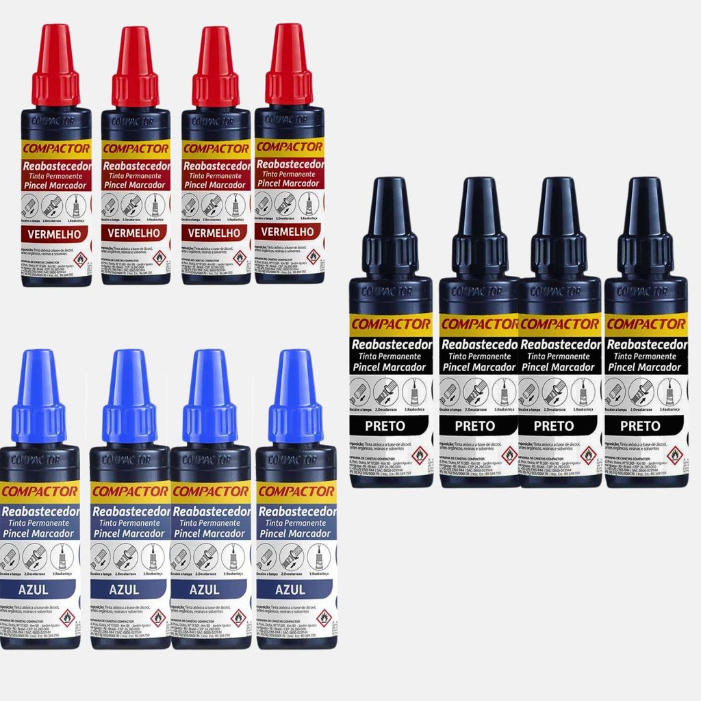 KIT 12 TINTAS REABASTECEDORAS 30ML PERMANENTE AZUL PRETA VERMELHA PARA CARTAZ ARTISTICO/PROFISSIONAL