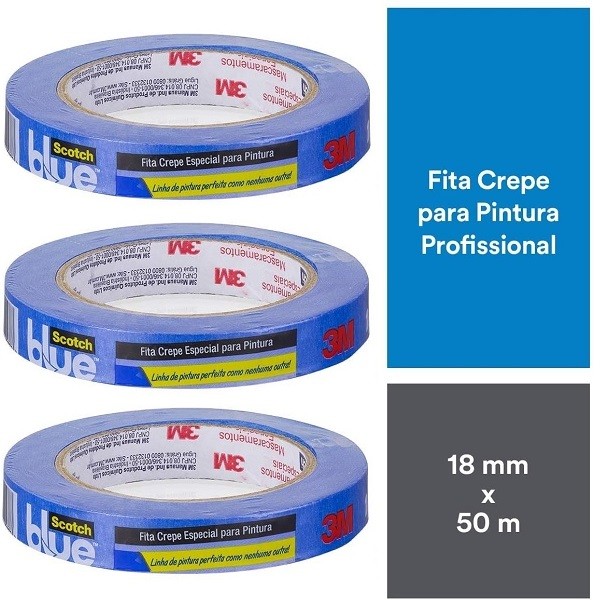 Kit com 3 Fita Crepe Blue Tape Profissional 3M 18MM X 50M
