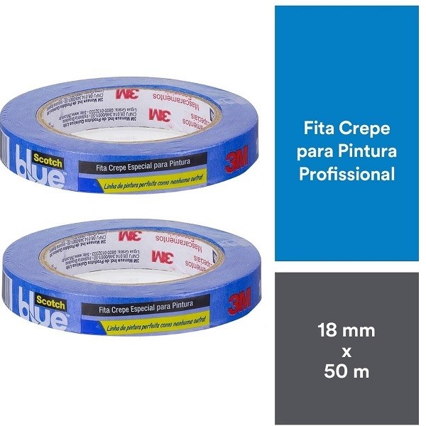 Kit com 2 Fita Crepe Blue Tape 3M Profissional 18MM X 50M