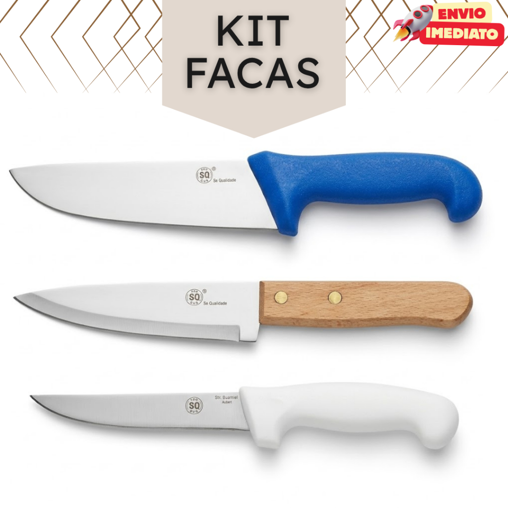 Kit 3 Facas Profissionais Inox Premium Churrasco Cozinha Peixeira Faca Carne Cabo Azul Branco