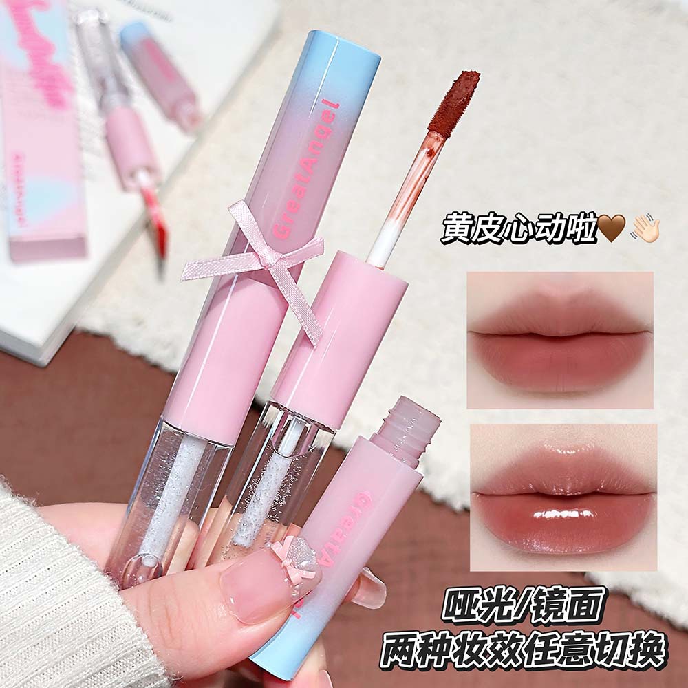 Esmalte Labial De Ponta Dupla GreatAngel Sunset Pink Mist , Fosco Fino Aveludado , Óleo Espelhado