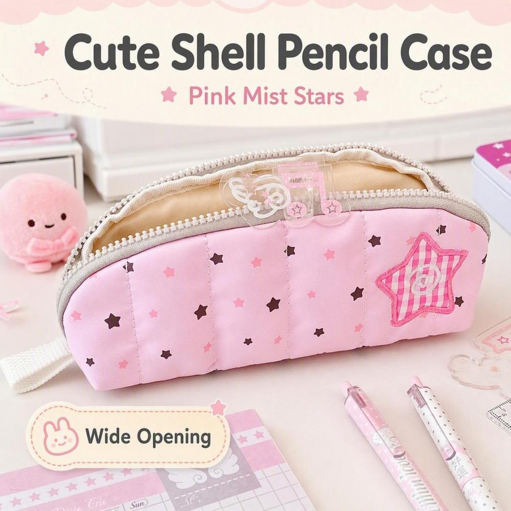 Cute Pink Mist Star Shell Lápis Caso Poliéster Acolchoado Grande Capacidade Ampla Abertura Papelaria Bolsa Para Alunos E