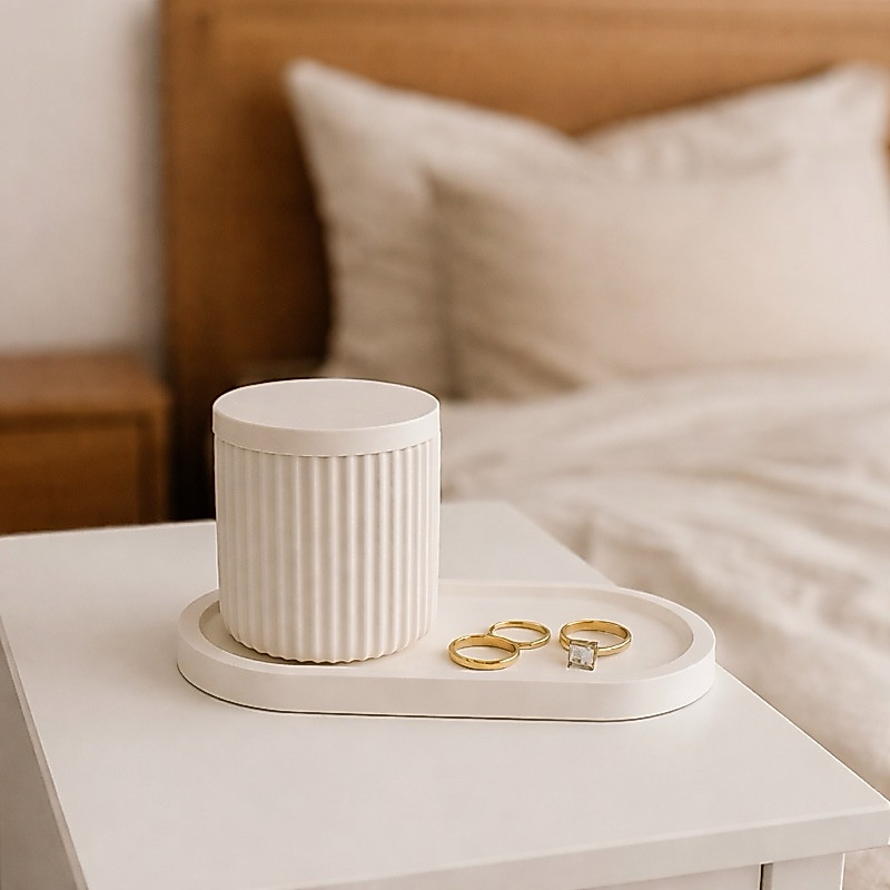 Kit em Gesso Decorativo Bandeja e Pote Organizador para Quarto Sala Aparador Mesa de Cabeceira Estante Minimalista
