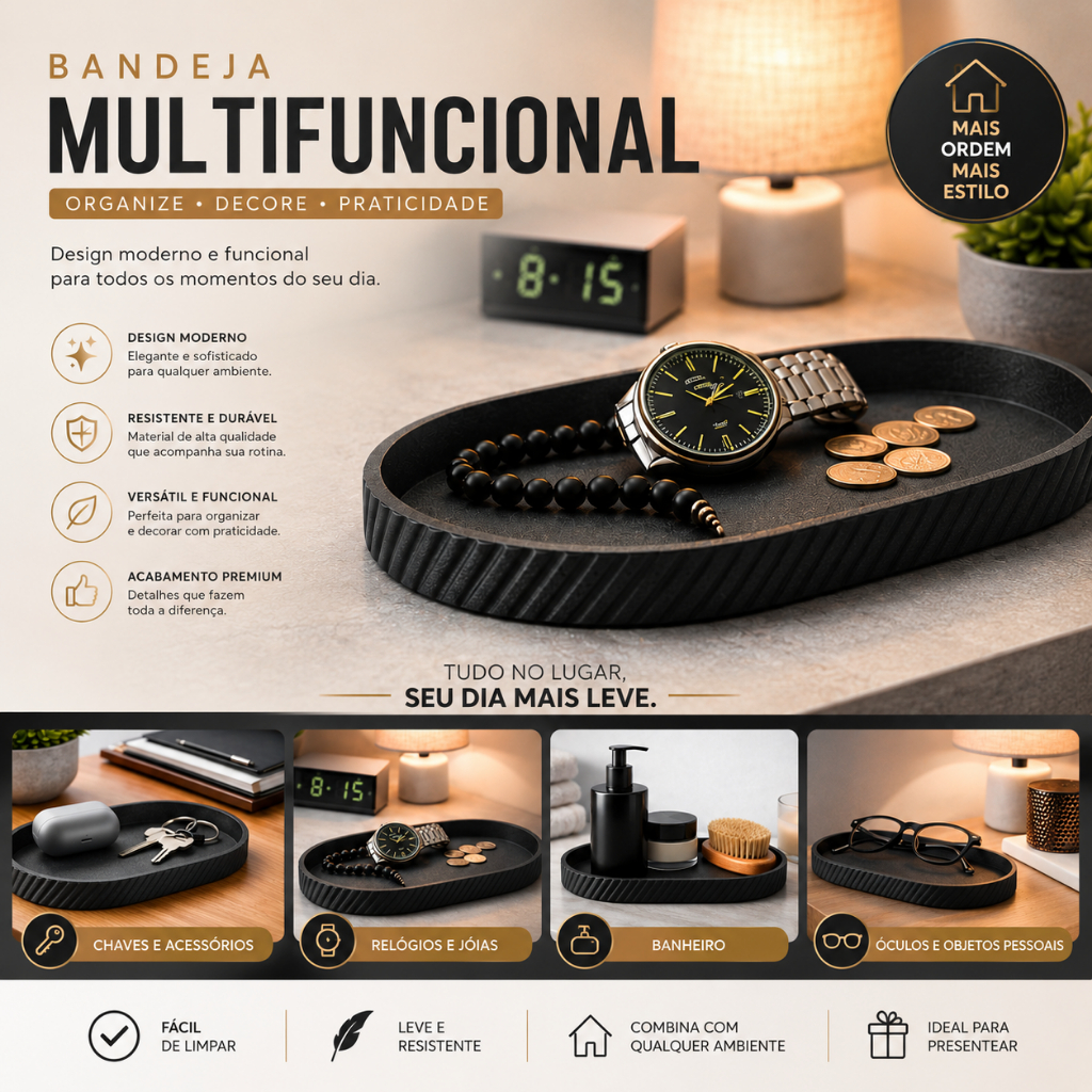 Bandeja Multifuncional Decorativa Organizadora Moderna Porta Objetos Chaves Relógio Lavabo Mesa Cabeceira