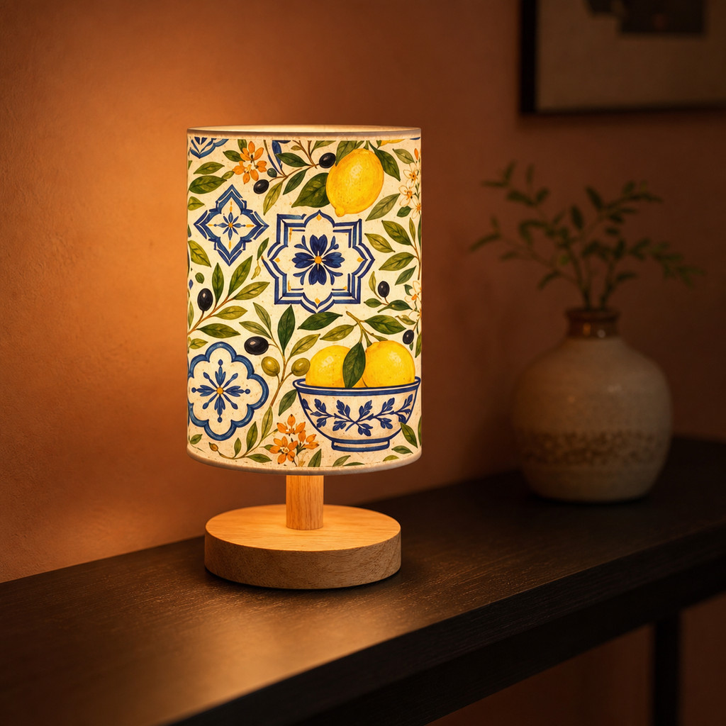 Candeeiro De Mesa Em Azulejo Limão E Azul Com Base De Madeira-Cabeceira Decorativo Para Quarto , Sala De Estar