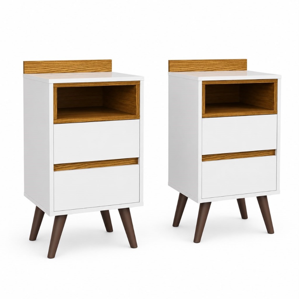 Kit Duas Mesas De Cabeceira Quarto Retrô Com 2 Gavetas Mesa Decorativa Carinho Decoração Casal