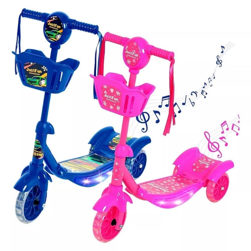 Patinete Infantil 3 Rodas Luz Musica Brilha Rodinhas LED Freio Som Cestinha Modelo Dobrável Azul