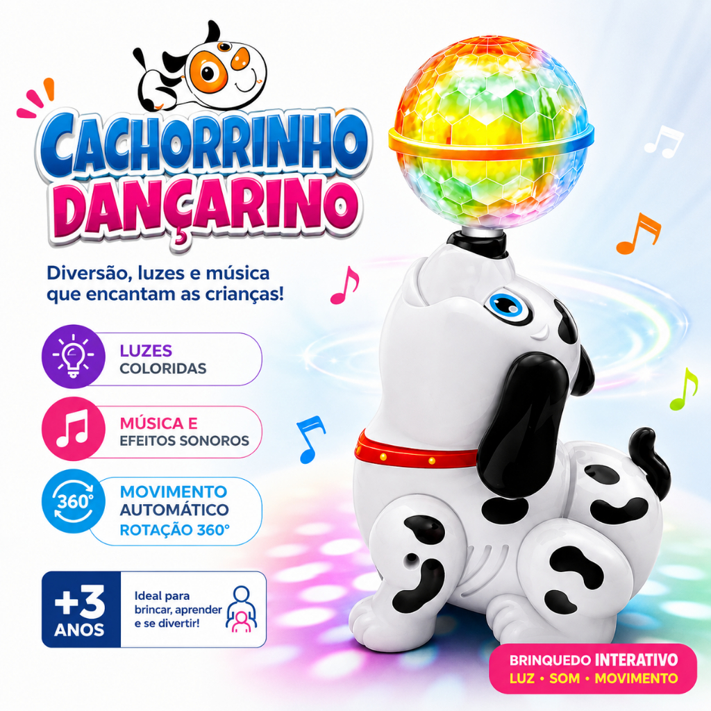Cachorrinho Dançarino 360° com Luz Som e Música Brinquedo Interativo Infantil 3+ Anos
