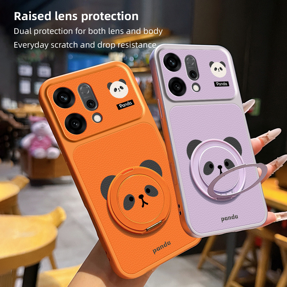 Capa De Telefone Com Textura De Couro De Panda Fofa Para OPPO Reno16 15 14 13 10 Pro 15F 14F 13F 12F Anel Dobrável Kicks