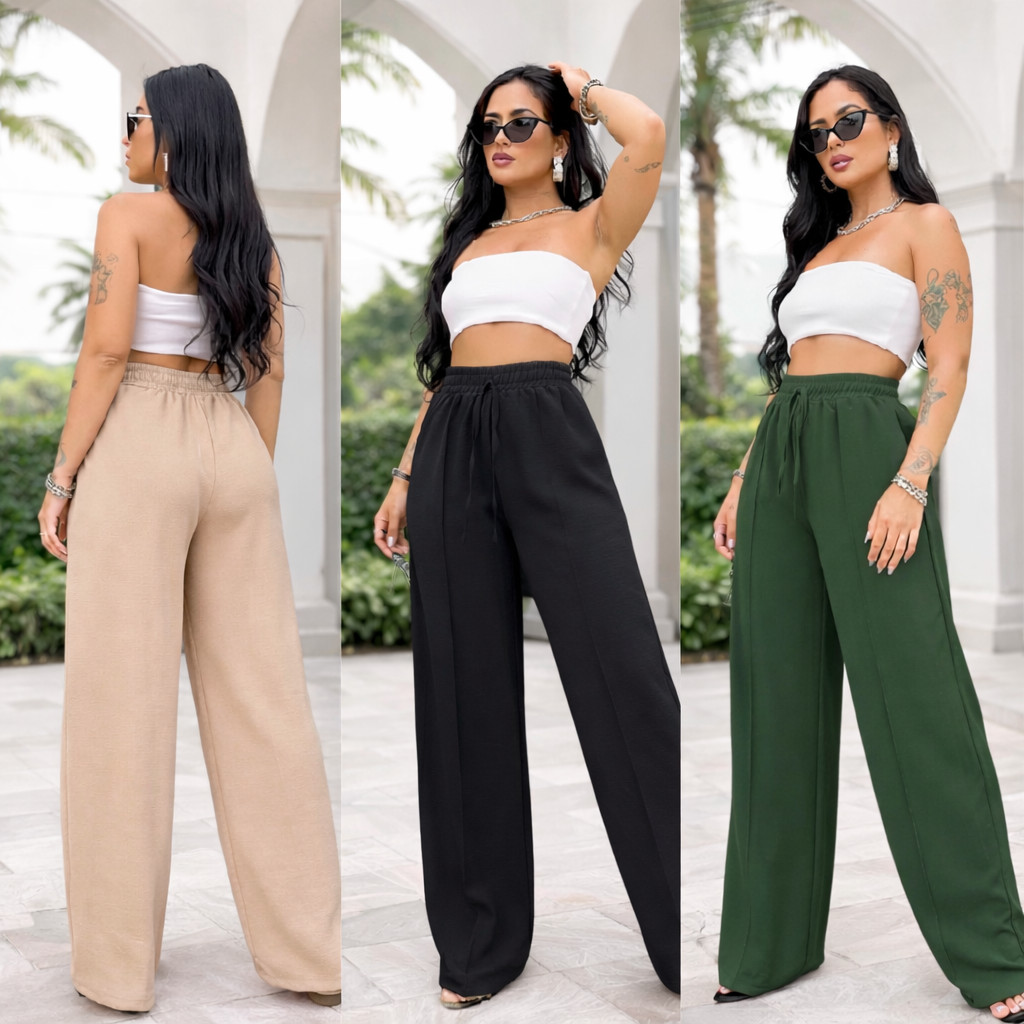Calça Pantalona Feminina com Bolso Tecido Duna diversas cores Top leve para o calor