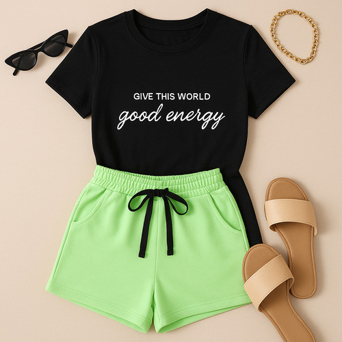 Conjunto Feminino Blusa + Short Praia Calor, Cores Verão