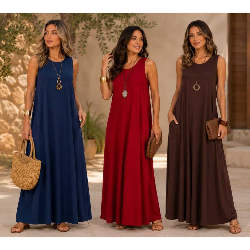 Vestido Feminino para frio e calor sem manga com bolso - 506