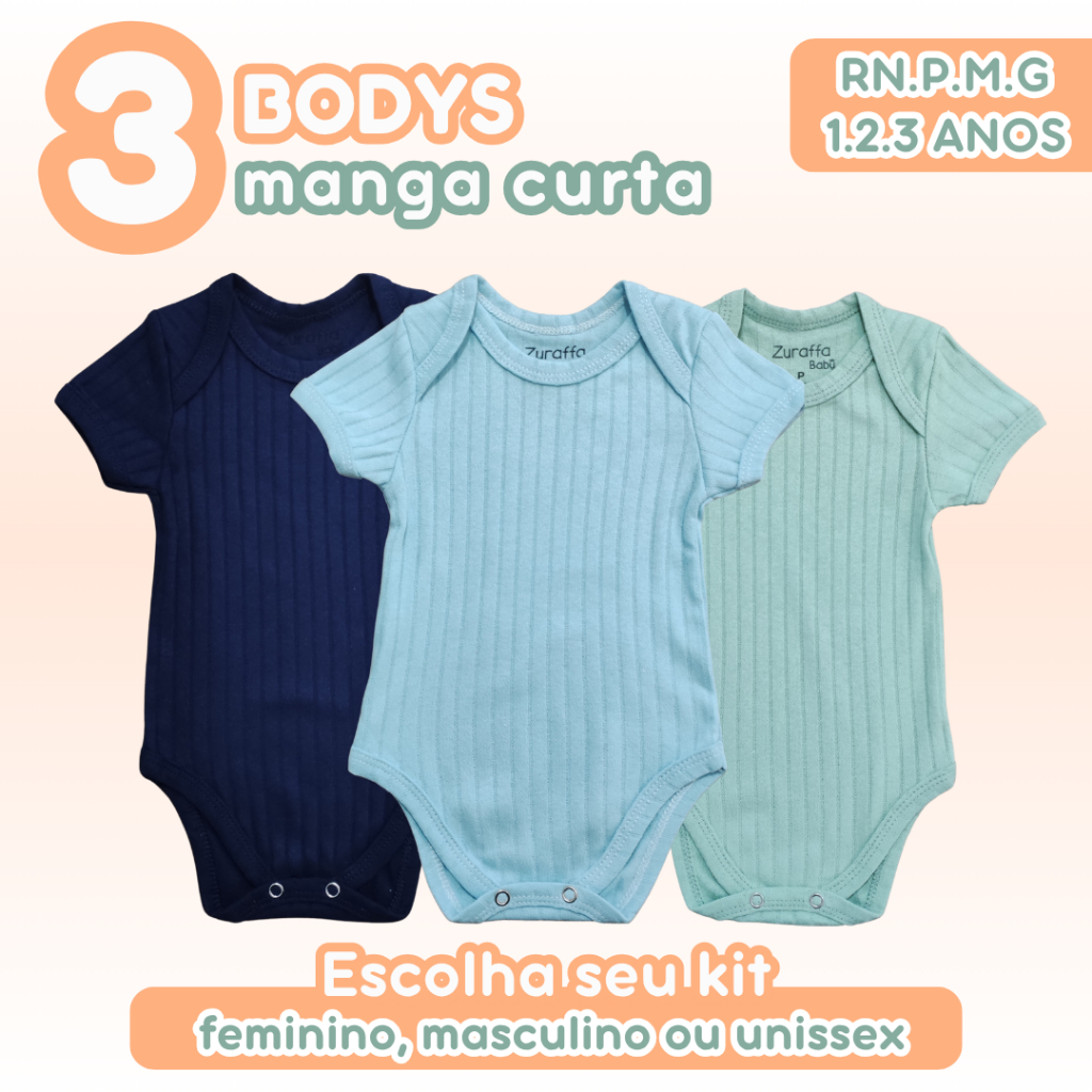Kit 3 Bodys Bebê Manga Curta Comfort Baby 100% Algodão Canelado Cores Verão Calor Feminino Masculino RNPMG e 1.2.3 anos