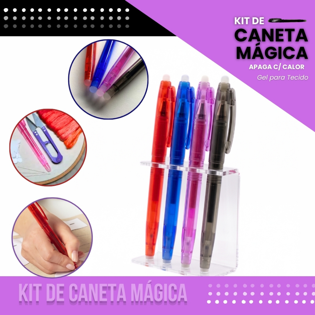 Kit Caneta Magica Fantasminha - Apaga C/ Calor  - Gel Para Tecido - Cores Variadas