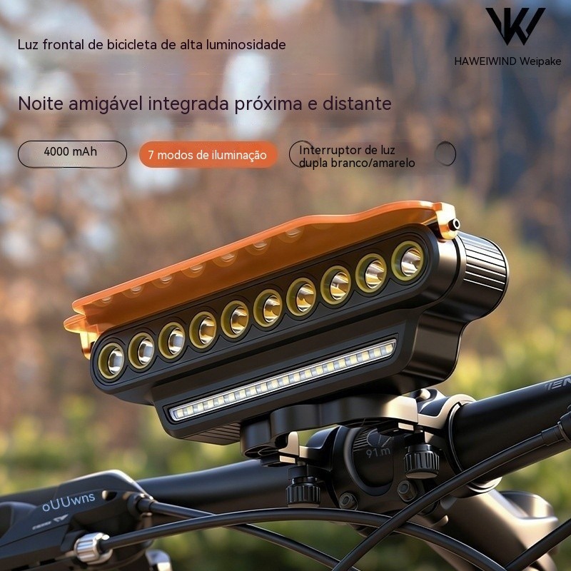Lanterna de bicicleta super brilhante para pedalar à noite, farol de bicicleta, luz frontal horizontal de ABS com buzina