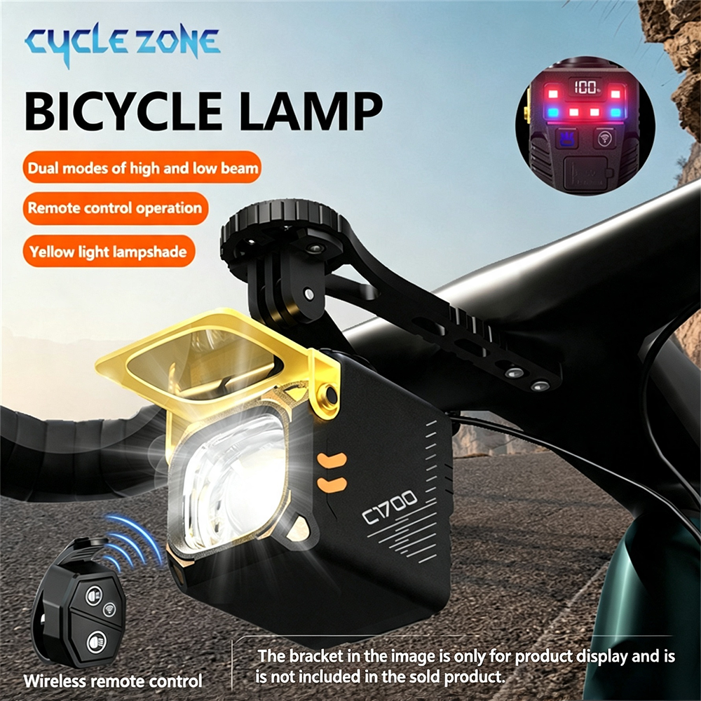 Farol de Bicicleta de 1700 lúmens Tipo-C Recarregável, Farol Frontal com Lanterna Remota Sem Fio, Capa Amarela, Lâmpada