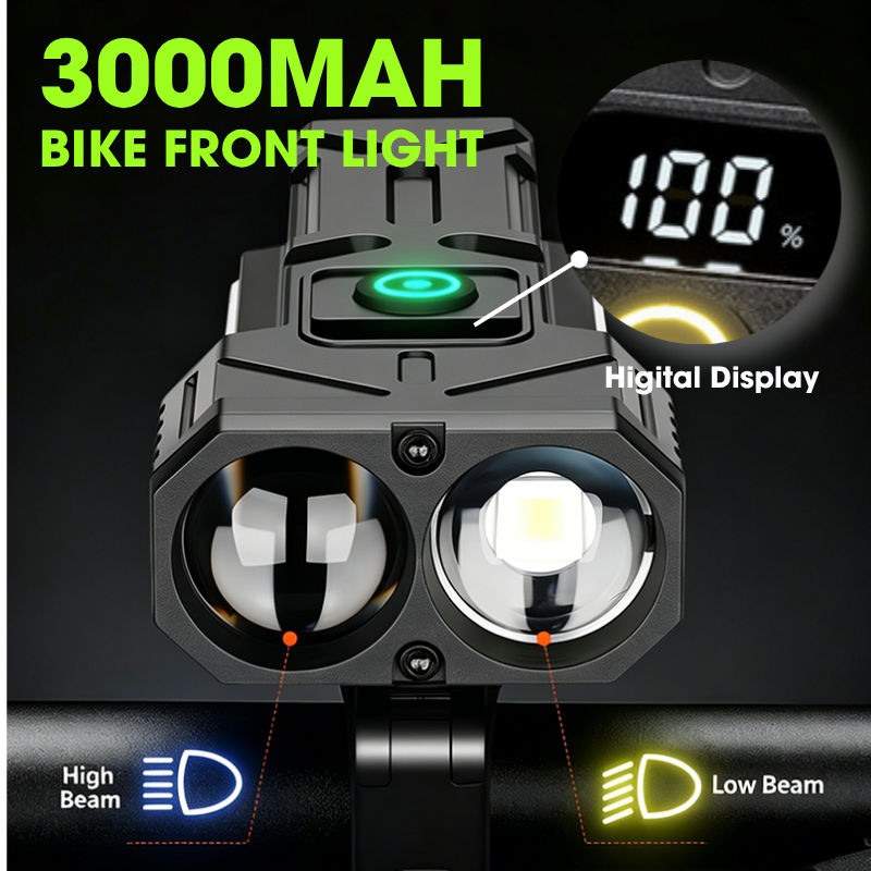 Farol Dianteiro de Bicicleta, Luz de Cabeça Recarregável, Lâmpada Frontal MTB com LED 3000mAh, Lanterna de Ciclismo para